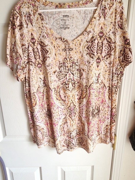 Sonoma Life + Style Tops - Sonoma Cream Paisley Short Sleeve V-Neck Top with Pink and Brown Accents